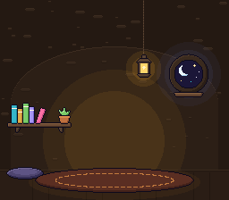A cozy cave home with a hanging lantern, a bookshelf, and a round night window